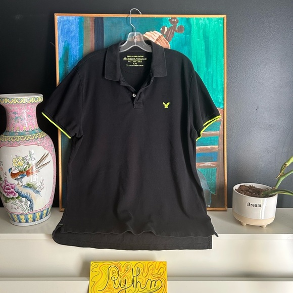American Eagle Outfitters Black Polo with Bright Green Highlights XL - Picture 2 of 16